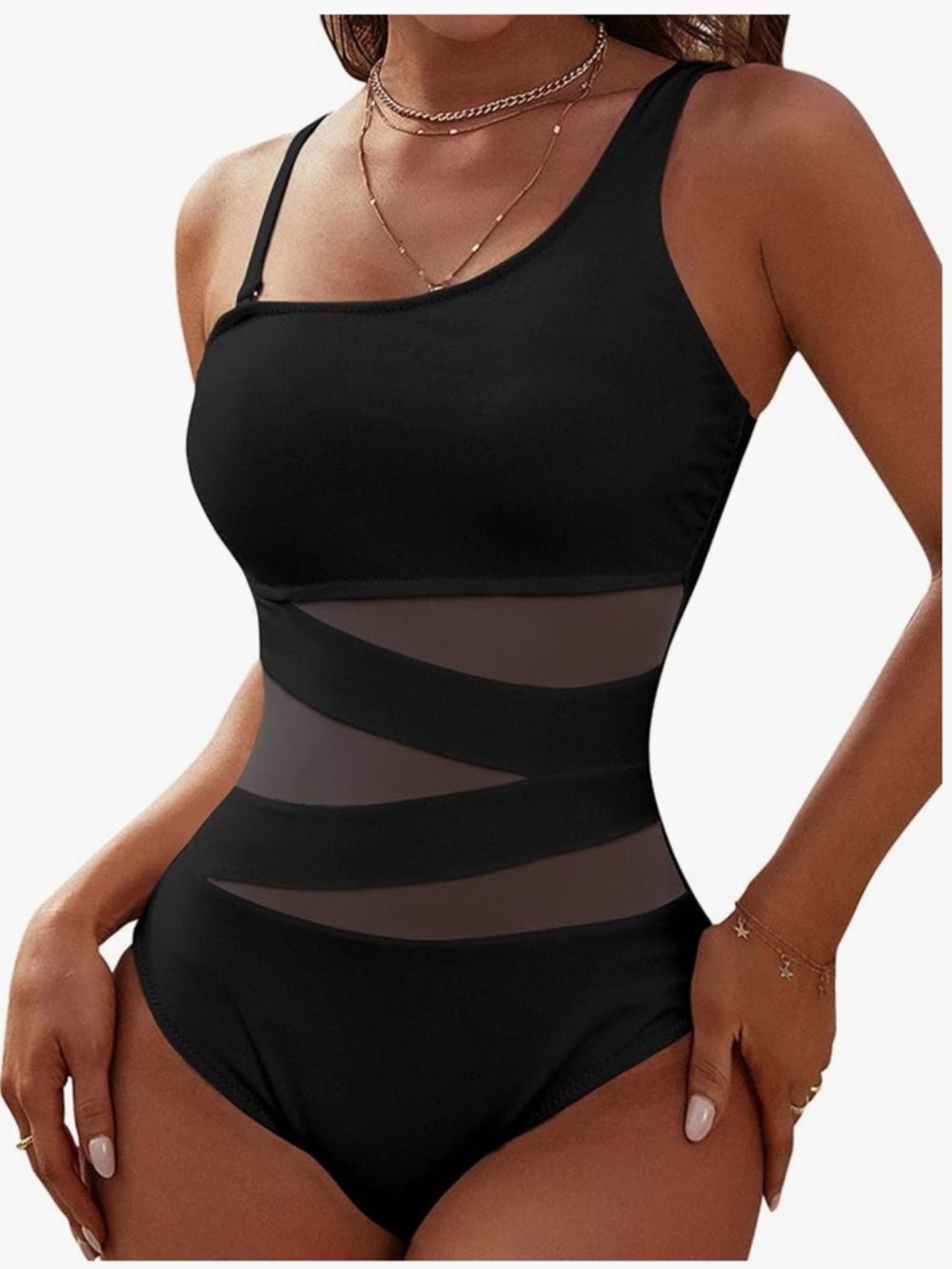 Black Asymmetical One-Shoulder Mesh Panel Swimsuit - Adjustable/Removable Strap